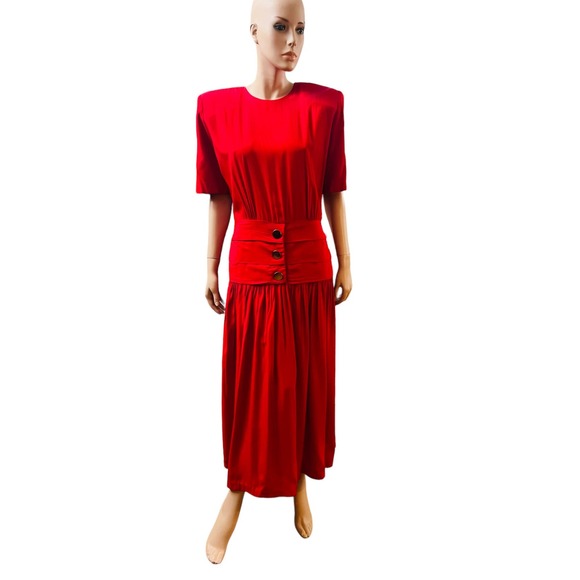 Vintage 80s David Benjamin Collection Red Maxi Dress Short Sleeves Fit M/L - Picture 5 of 12